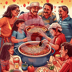 Cinco de Mayo Feast: Family Gathering Around Chili Con Carne Pot photo