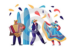 Cinco De Mayo Festival. Mexican Artists Band of Man with Accordion and Couple of Male and Female Dancers in Traditional Clothes