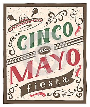 Cinco de Mayo fiesta lettering text. Retro flyer invitation photo