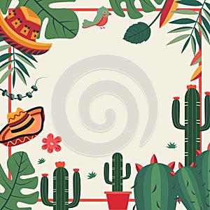 Cinco De Mayo Frame Background with Cowboy Hat Cactus Decoration and Copy Space