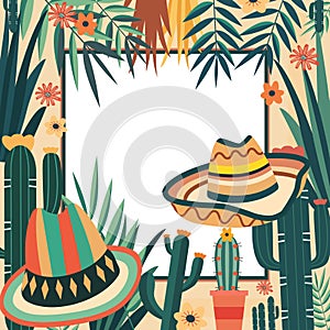 Cinco De Mayo Frame Background with Cowboy Hat Cactus Decoration and Copy Space