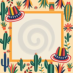 Cinco De Mayo Frame Background with Cowboy Hat Cactus Decoration and Copy Space