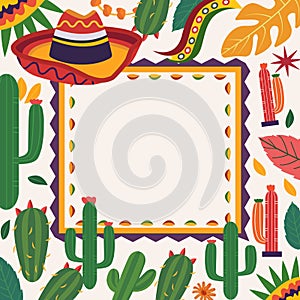 Cinco De Mayo Frame Background with Cowboy Hat Cactus Decoration and Copy Space