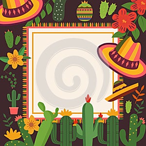 Cinco De Mayo Frame Background with Cowboy Hat Cactus Decoration and Copy Space