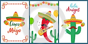 Cinco de Mayo. Hola Amigos. Hand drawn lettering. A set of festive posters to the Mexican national holiday. Funny chili pepper photo