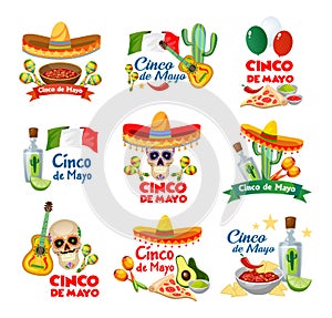 Cinco de mayo labels with traditional mexican food and decorations. Vector illustration.