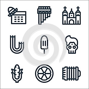 cinco de mayo line icons. linear set. quality vector line set such as accordion, lime, corn, skull, churros, cathedral, zampona photo