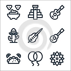 cinco de mayo line icons. linear set. quality vector line set such as dalia, balloons, tacos, jarana, toloche, cactus, guitar,