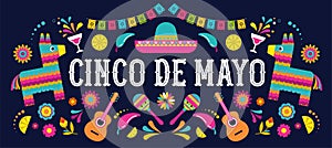 Cinco de Mayo - May 5, federal holiday in Mexico. Fiesta banner and poster design with flags, flowers, decorations