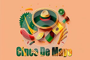 Cinco de Mayo. May 5th is a federal holiday in Mexico. Poster with grunge texture and cactus with guitar and sombrero. Cartoon