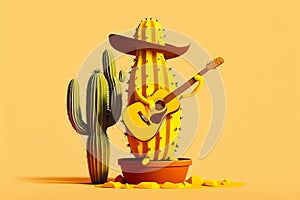 Cinco de Mayo. Mexican cactus in sombrero playing guitar. Yellow background