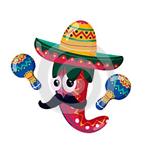 Cinco de Mayo Mexican. Cute funny hot pepper with maracas and sombrero. Isolated on white background. Vector banner