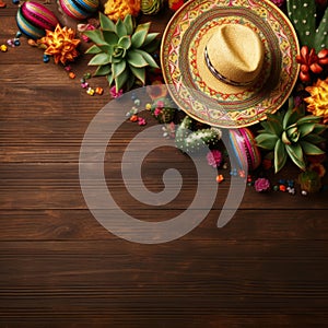 Cinco de mayo mexican fiesta background with cactus, sombrero, and space for text, top view photo