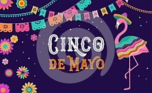 Cinco de mayo, Mexican Fiesta banner and poster design with flamingo, flowers, decorations photo