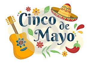 Cinco de Mayo Mexican Holiday Celebration Cartoon Style Illustration with Cactus, Guitar, Sombrero and Drinking Tequila for Poster