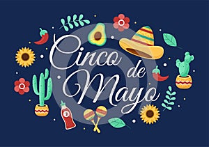 Cinco de Mayo Mexican Holiday Celebration Cartoon Style Illustration with Cactus, Guitar, Sombrero and Drinking Tequila for Poster