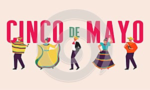 Cinco de mayo mexican holiday party banner with mexican people in traditional clothes illustration. photo