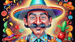 Cinco De Mayo Neon Sign With Sombrero And Moustache. Generative AI