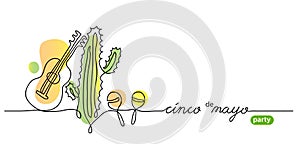 Cinco de mayo party simple vector background. One continuous line drawing of cactus, maracas, guitar and text.