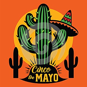 Cinco de mayo poster for mexico with cactus hat and a orange background, Vector Illustration Ai Generated photo