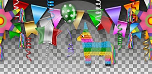 Cinco de mayo seamless banner with pinatas, streamers, pennants and balloons