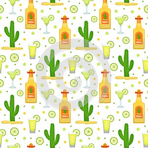 Cinco de Mayo seamless pattern with tequila and cactus. Mexican holiday endless background, texture. Vector illustration