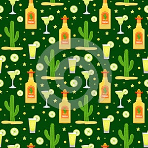 Cinco de Mayo seamless pattern with tequila and cactus. Mexican holiday endless background, texture. Vector illustration