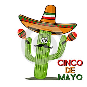 Cinco De Mayo sombrero, chili pepper, cactus and maracas festive design. For celebration of the Mexican holiday on May 5
