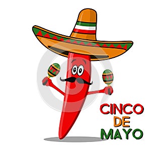 Cinco De Mayo sombrero, chili pepper, cactus and maracas festive design. For celebration of the Mexican holiday on May 5