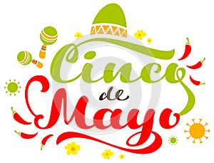 Cinco de Mayo text greeting card mexican festival covid 19. Sombrero hat, maracas and hot chili peppers