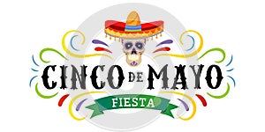 Cinco de mayo vector greeting card with scull, traditional mexican hat and flourish elements. 5 may mexican holiday colorful