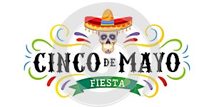 Cinco de mayo vector greeting card with scull, traditional mexican hat and flourish elements. 5 may mexican holiday colorful photo