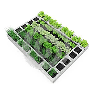 Cinder block urban garden on a white. 3D illustration