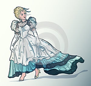 Cinderella. Beautiful princess in ball gown and tiara loosing shoe. Fairytale character.