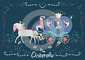 Cinderella in the carriage. Fairytale banner with the inscription. Vector graphics