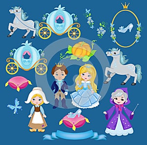 Cinderella fairytale illustration set.