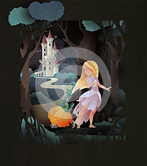 Cinderella holding shoe in hand with pumpkin and mice in front of night forest and castle