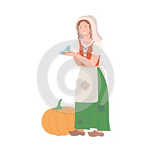 Cinderella in Poor Clothing with Pumpkin Holding Shoe as Fabulous Medieval Character from Fairytale Vector Illustration