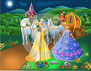 Cinderella scene with godmother fairy transforming pumpkin into carriage with horses and the girl into a princess