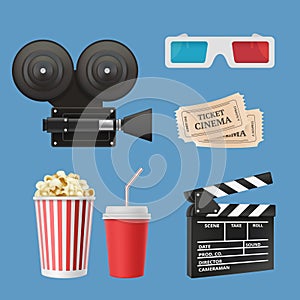 Cinema 3d icons. Movie camcorder clapperboards film tape and stereo glasses vector realistic objects isolated