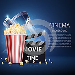 Cinema 3d movie vector background with popcorn and vintage film. Retro cinema poster
