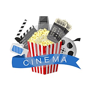 Cinema art movie watching. Cinema industry symbols icons isolated on white background.