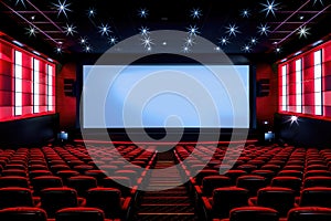 Cinema auditorium with red seats and large white screen mockup.