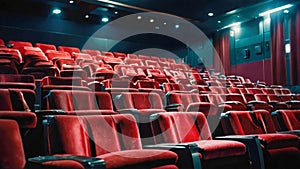 Cinema auditorium with red seats and a row of chairs