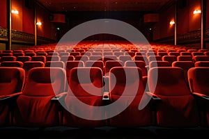 Cinema auditorium with rows of red seats, movie theatre, Bright empty red seats in cinema rows, AI Generated