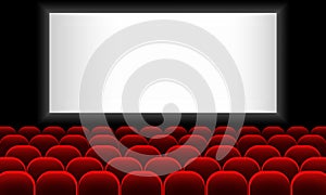 Cinema auditorium with screen and red seats. Vector on isolated white background. EPS 10