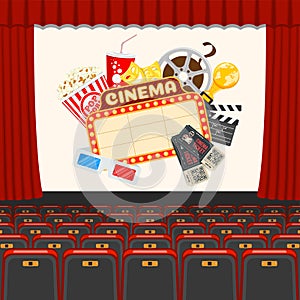 Cinema auditorium with seats and popcorn