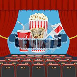 Cinema auditorium with seats and popcorn