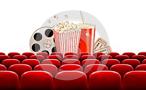 Cinema background with a film reel, popcorn, drink and tickets.