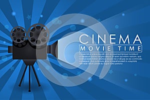 Cinema background, movie time banner with retro camera. Abstract advertising poster for cinema theatre or website. Vector.